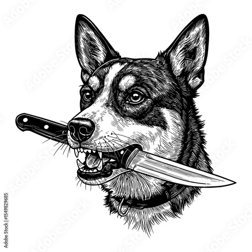 Angry Dog Biting a Large Sharp Knife in Mouth Black and White Outline Line Art Drawing Portrait