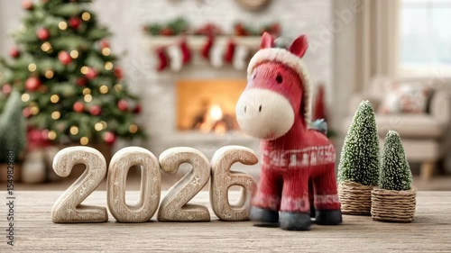 Cozy holiday scene with festive horse figurine celebrating new year 2026 by a christmas tree