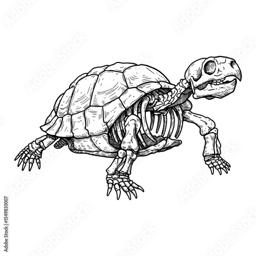 Detailed Tortoise Skeleton Side View Anatomical Black and White Outline Line Art Drawing Vintage Engraving