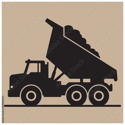 Black silhouette illustration of a dump truck carrying material on a beige background