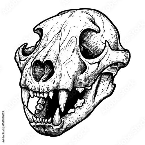 Detailed Panther Skull Head Black and White Outline Line Art Drawing Engraved Retro Style Illustration Isolated Object