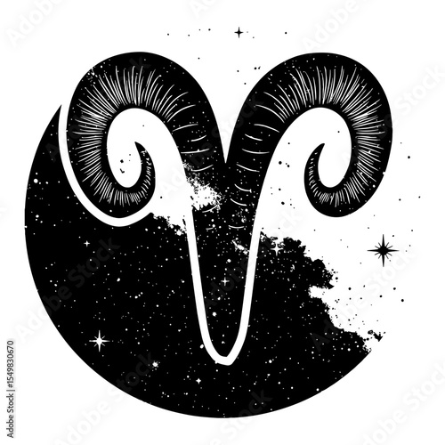 Aries Ram Horn Symbol with Cosmic Starry Night Double Exposure Black and White Outline Line Art Drawing
