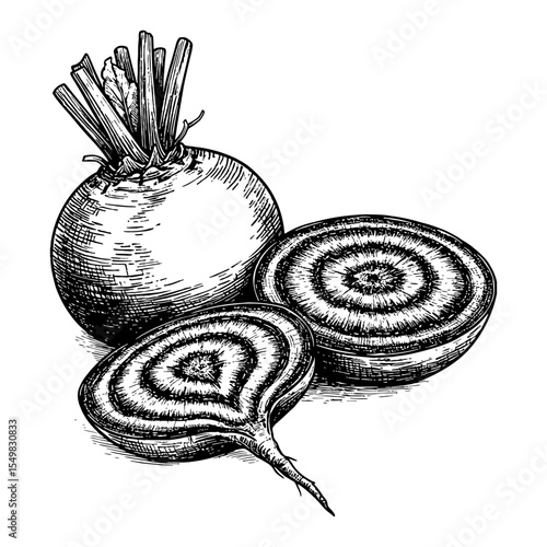 Fresh Whole and Half Beetroot Vegetable Black and White Outline Line Art Drawing Botanical Engraving Style