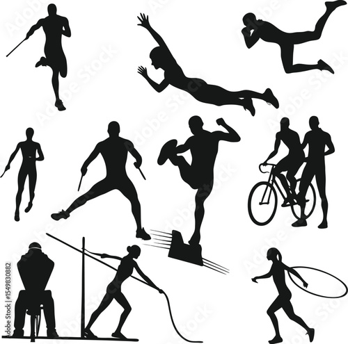 Diverse athletes in silhouette vector illustration depicting running cycling and pole vaulting silhouettes