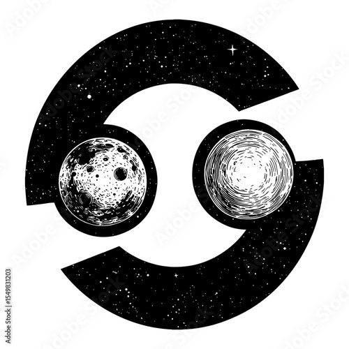 Cancer Zodiac Symbol with Cosmic Stars and Celestial Bodies Double Exposure Black and White Outline Line Art Drawing