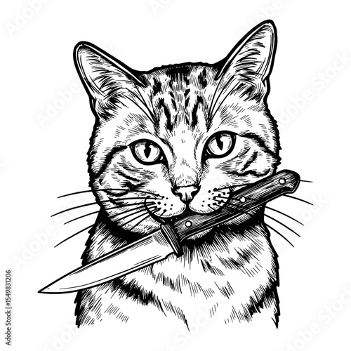 A Cat Holding a Sharp Knife in Its Mouth Close Up Black and White Outline Line Art Drawing