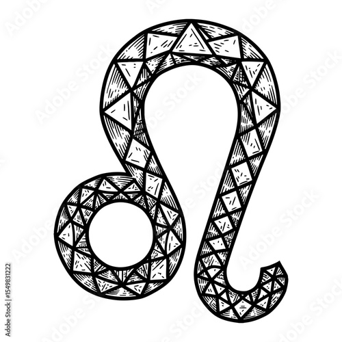 Detailed Leo Zodiac Symbol Made of Diamond Facets Black and White Outline Line Art Drawing