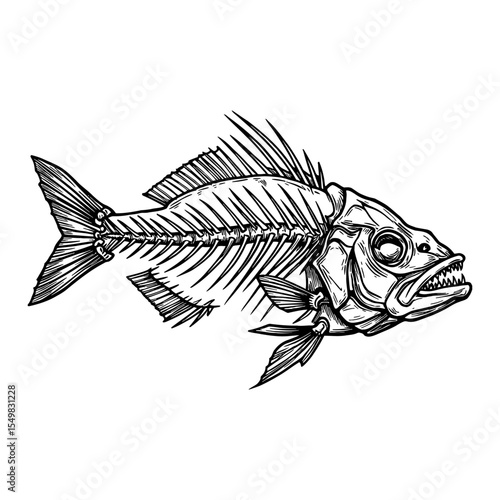 Detailed Fish Skeleton Black and White Outline Line Art Drawing in Engraved Vintage Style Isolated Object
