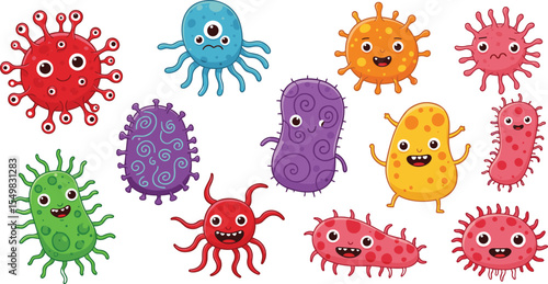 Adorable Cartoon Microorganisms with Expressive Faces: Fun, Colorful Illustrations for Science and Health Themes