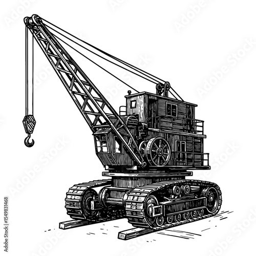 Antique Steam Powered Crane Black and White Outline Line Art Drawing Old Heavy Industrial Machine