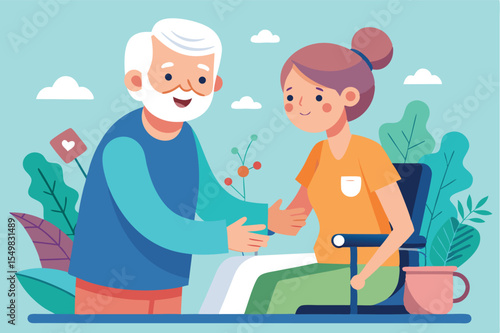 Friendly interaction between an elderly man and a young woman in a bright, cheerful environment