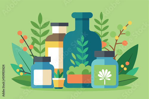 Colorful display of bottles and plants at a wellness workshop highlighting natural remedies