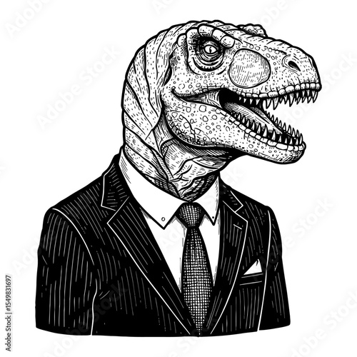 Dinosaur Wearing Business Suit Portrait in Detailed Black and White Outline Line Art Drawing