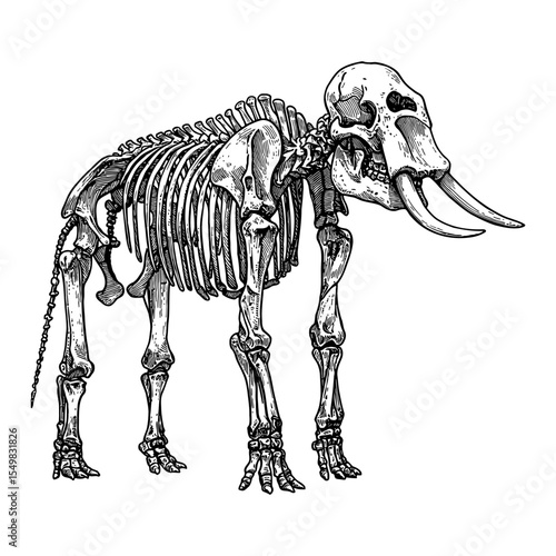 Full Body Elephant Skeleton with Tusks Black and White Outline Line Art Drawing Vintage Engraving Illustration