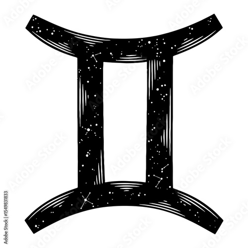 Gemini Symbol Cosmic Stars Double Exposure Black and White Outline Line Art Drawing Vector Icon