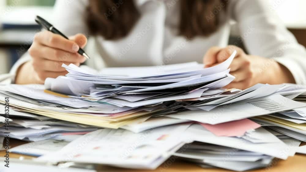 A businesswoman sorts through a disorganized stack of documents on a desk while working in a cluttered office setting A businesswoman sorts through a disorganized stack of documents on a desk while working in a cluttered office setting