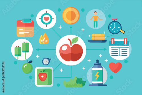 Illustration of healthy lifestyle concepts featuring fruits, fitness, and wellness activities