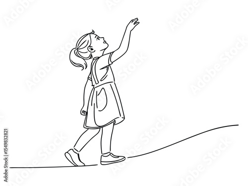 One continuous line is the concept. Continuous line drawing of an adorable little girl looking forward and holding up her hand for your minimalistic design. Vector illustration