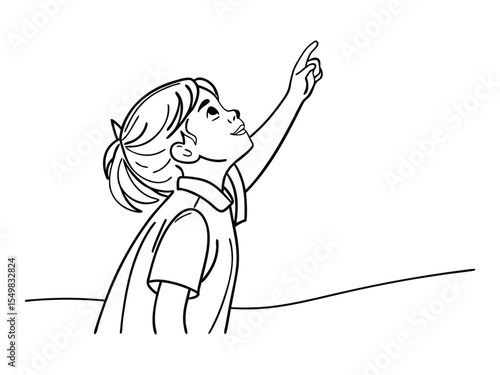 One continuous line is the concept. Continuous line drawing of an adorable little girl looking forward and holding up her hand for your minimalistic design. Vector illustration