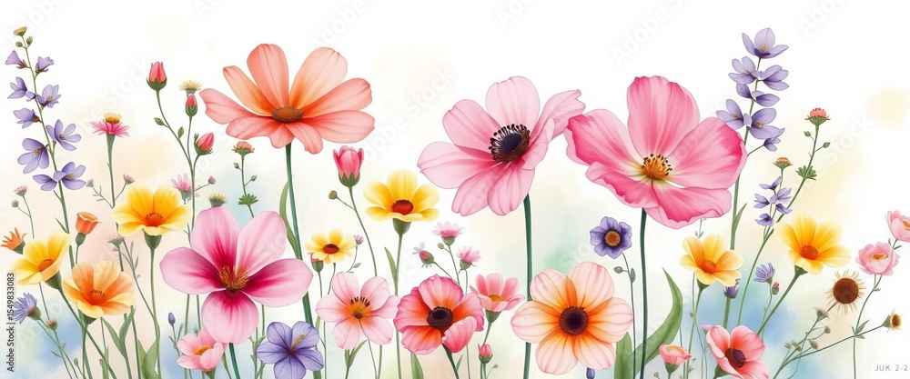 Fototapeta premium Soft watercolor wildflowers, vibrant hues, delicate blooms, whimsical botanical art, nature, spring