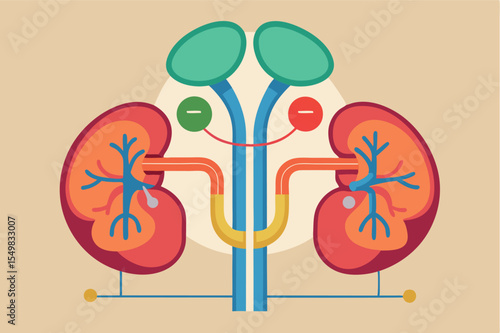 Illustration of human kidneys demonstrating their functions in the body with colorful diagrams and labels for educational purposes