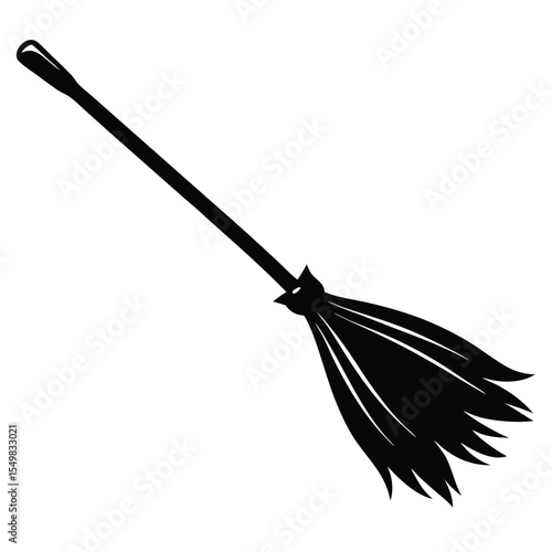 Black silhouette of a witch s broomstick with bristles on a white background