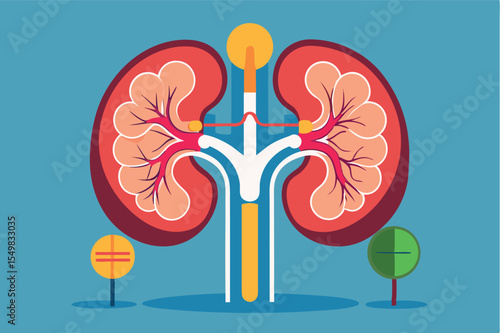 Detailed anatomical illustration of human kidneys and urinary system with clear labels for educational purposes