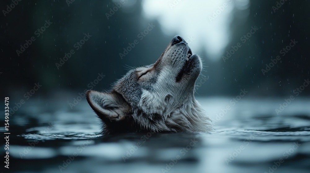 Fototapeta premium A majestic wolf emerges from the water, head raised upward, as raindrops fall, capturing the raw beauty and intensity of wildlife in a moody, atmospheric setting.
