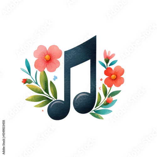 Watercolor icon of a musical note made of branches and flowers