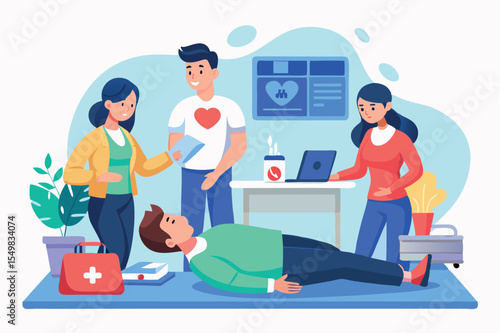 Group of people performing first aid on an unconscious person in a modern indoor setting
