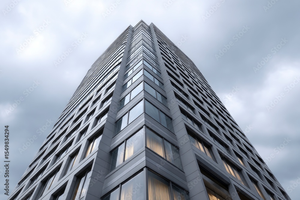 Tall gray building with windows extending upwards against a cloudy sky Tall gray building with windows extending upwards against a cloudy sky