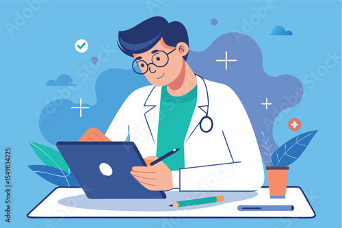 Medical professional utilizing a tablet to record patient information in a modern healthcare environment
