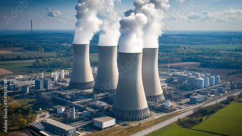 Wallpaper Mural Cooling towers expel steam into the sky above a nuclear energy facility, showcasing industrial activity amidst scenic nature Torontodigital.ca