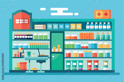Colorful pharmacy shelves displaying various health products and medicines in a modern environment