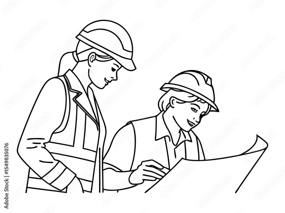 Obraz premium Minimal vector illustration. View of a Worker and an architect watching some details on a construction site.