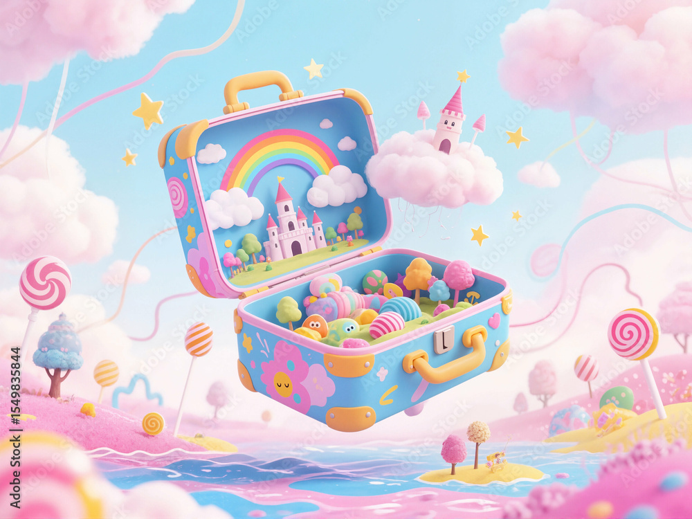 A whimsical suitcase, filled with candies, a pink castle, lollipop trees, and pastel clouds, creating a magical and dreamy scene.
A whimsical suitcase, filled with candies, a pink castle, lollipop trees, and pastel clouds, creating a magical and dreamy scene.