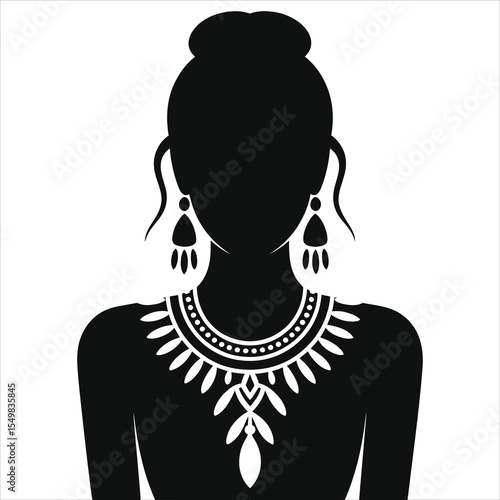 (Bohemian necklace)Stylish Silhouette of a Woman Adorned with Intricate Jewelry/A simple, elegant silhouette of a woman with a sophisticated updo, statement earrings, and a decorative necklace.