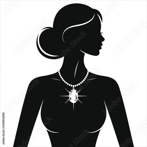 (Crystal necklace)Elegant Silhouette of a Woman with a Luxurious Necklace/A sophisticated black and white silhouette of a woman, viewed from the side, showcasing a beautiful pearl necklace