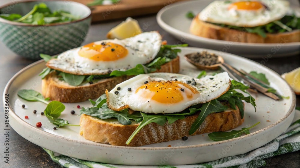 Delicious Breakfast Plate with Sunny-Side-Up Eggs, Toast, and Fresh Greens Delicious Breakfast Plate with Sunny-Side-Up Eggs, Toast, and Fresh Greens