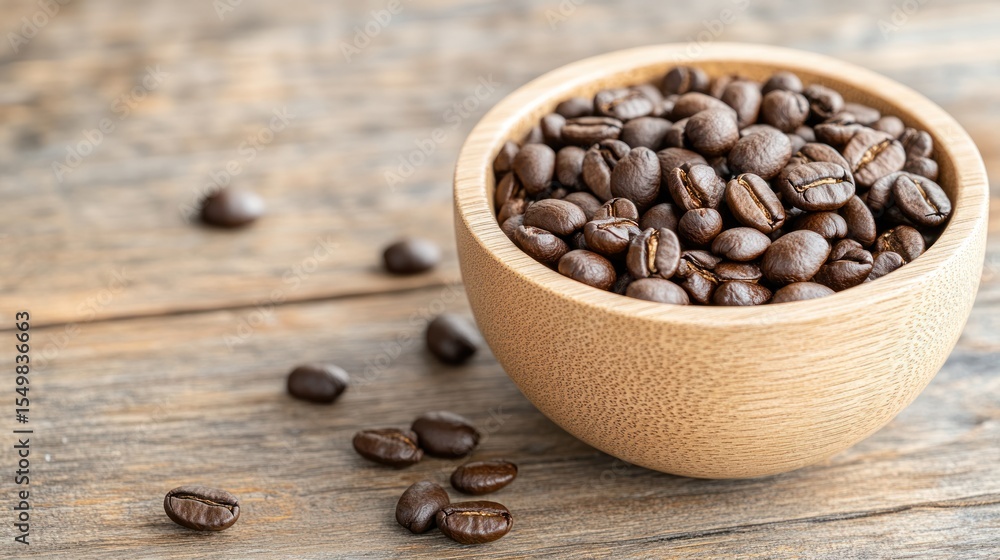 Fototapeta premium A close-up of freshly roasted coffee beans in a wooden bowl on a rustic table, showcasing their rich texture and color.