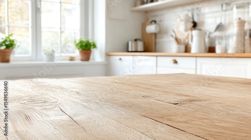 A close-up of a wooden kitchen table with natural textures in a bright, modern kitchen setting.