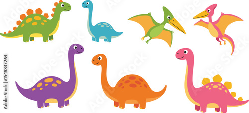 A cute collection of colorful baby dinosaur characters, featuring various species like Stegosaurus and Brontosaurus, perfect for kids' party invitations or nursery decor.