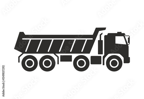 Black silhouette of a dump truck with a raised bed on a white background
