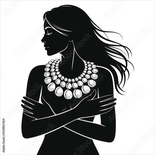 (Shell necklace)Elegant Silhouette of a Woman with Ornate Necklace/A captivating black and white silhouette of a woman, showcasing a profile view with flowing hair and arms crossed over her chest.