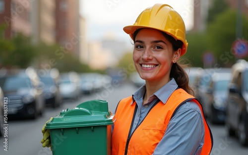 Proud woman garbage collector working in clean city area, empowerment theme. High quality