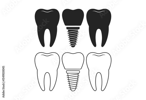 Dental implant and natural teeth icons in solid black and outline styles