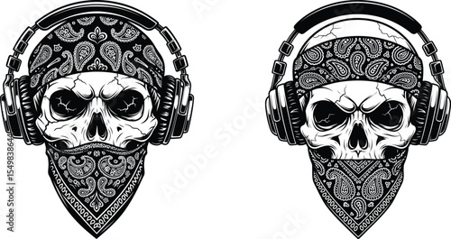 Skull with Bandana and Headphones Illustrations Gangster, Music Lover Style Graphics