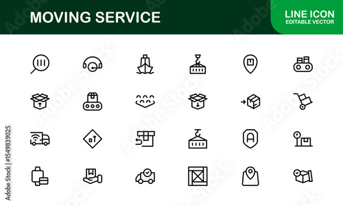 Moving Service Line Icon Pack. Minimal, unique collection showcasing professional moving, shipping, cargo, and transport symbols. Perfectly designed for versatile use.