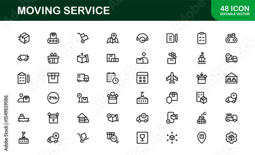 Moving Service Line Icon Pack. Minimal, unique collection showcasing professional moving, shipping, cargo, and transport symbols. Perfectly designed for versatile use.