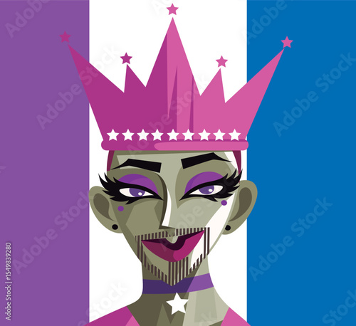 beautiful model with lgbt drag proud flag and a crown